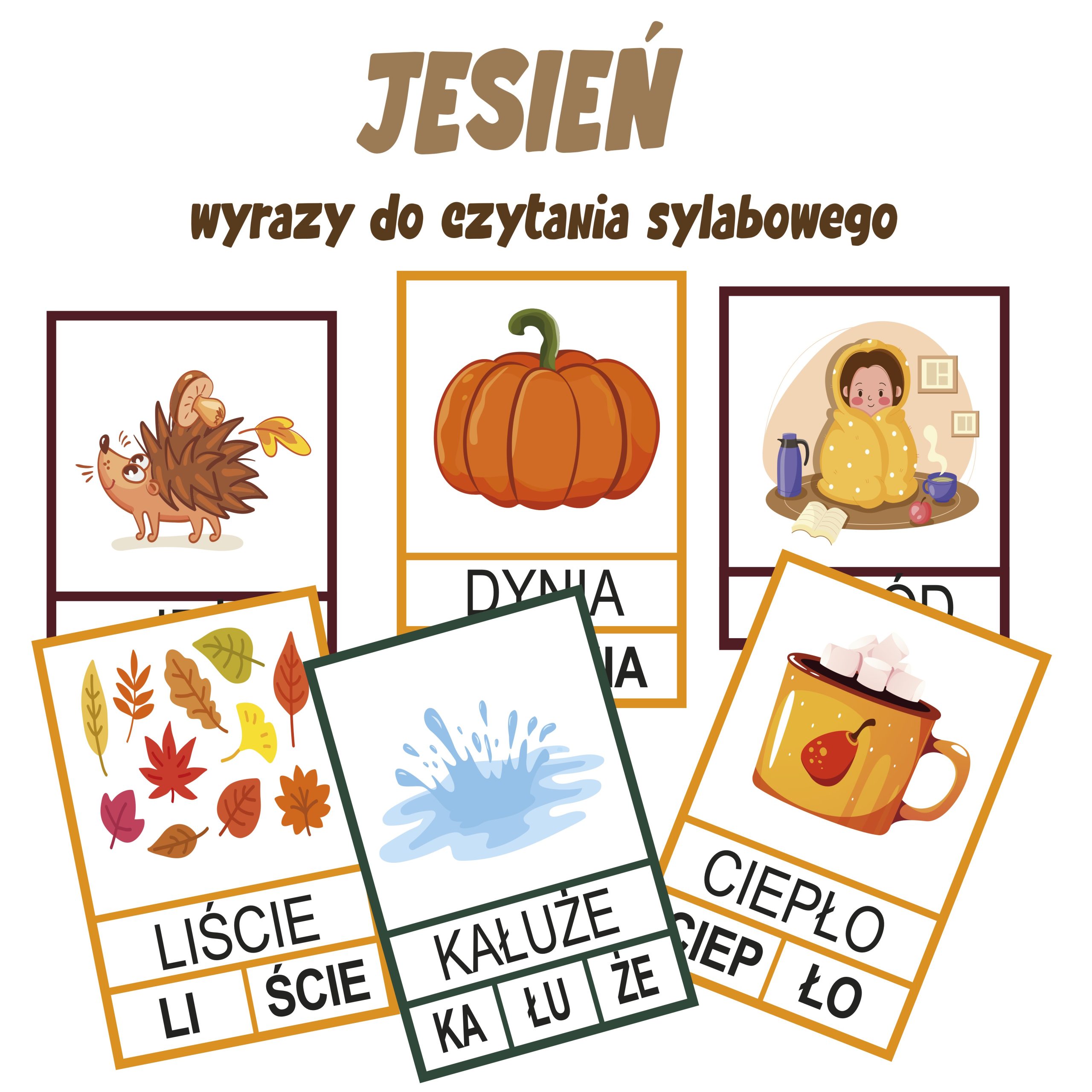 Jesienne czytanie sylabami - karty do druku (54 fiszki)