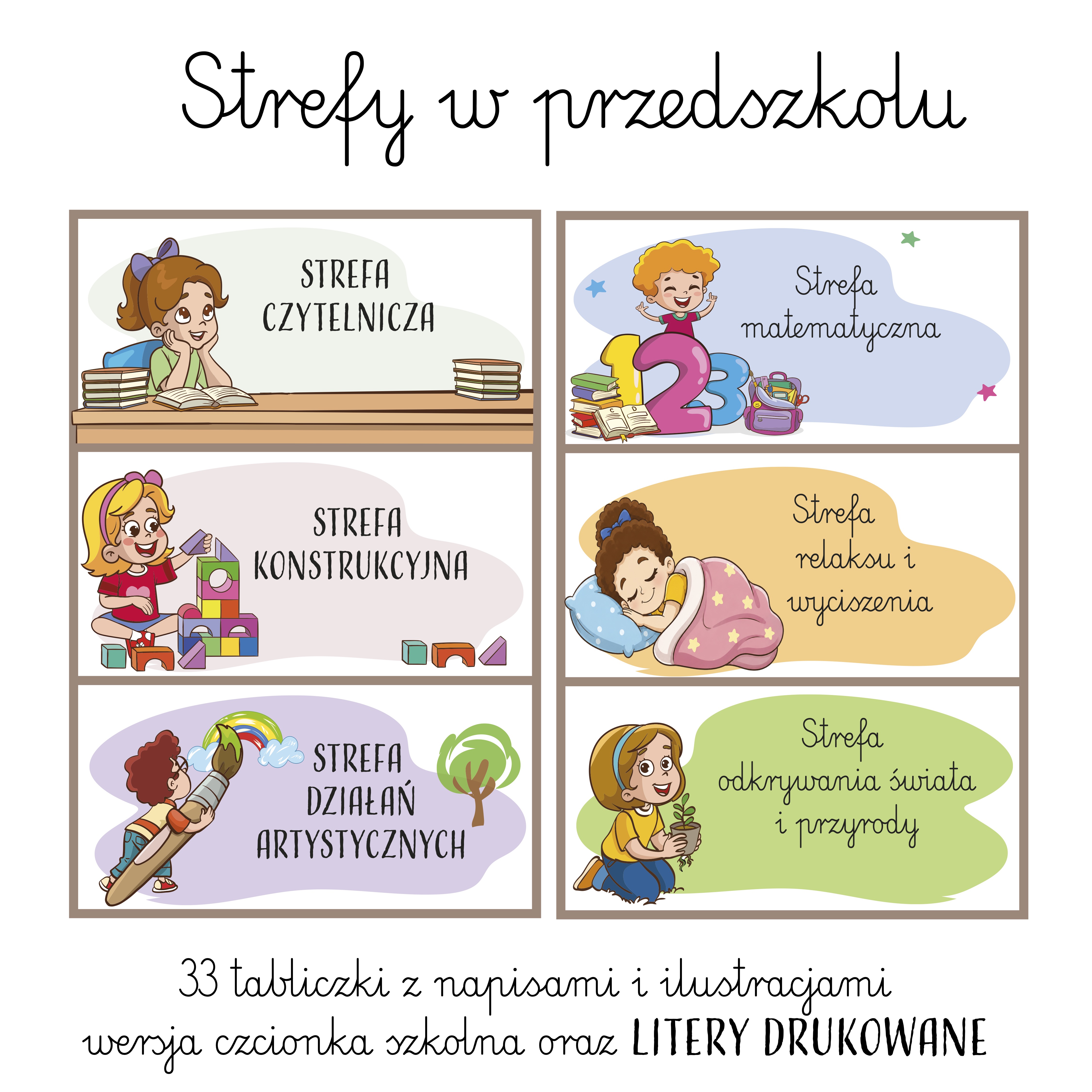 Oznaczenia do sali przedszkolnej — plansze, etykiety i znaczki dzieci