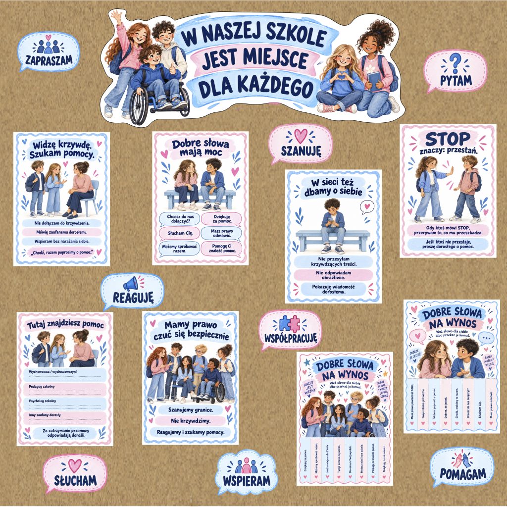 Gazetka szkolna W naszej szkole jest miejsce dla każdego na Tydzień Przeciwdziałania Przemocy Rówieśniczej – PDF do druku