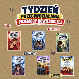 Gazetka szkolna na Tydzień Przeciwdziałania Przemocy Rówieśniczej w stylu Akta sprawy – napis, plansze tematyczne i plansza Tu szukam pomocy PDF