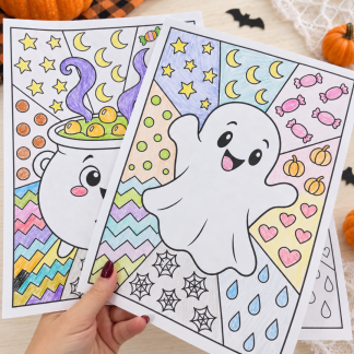 Halloweenowe prace plastyczne dla dzieci – wzory do kolorowania z duszkami, kociołkami i dyniami, PDF do druku