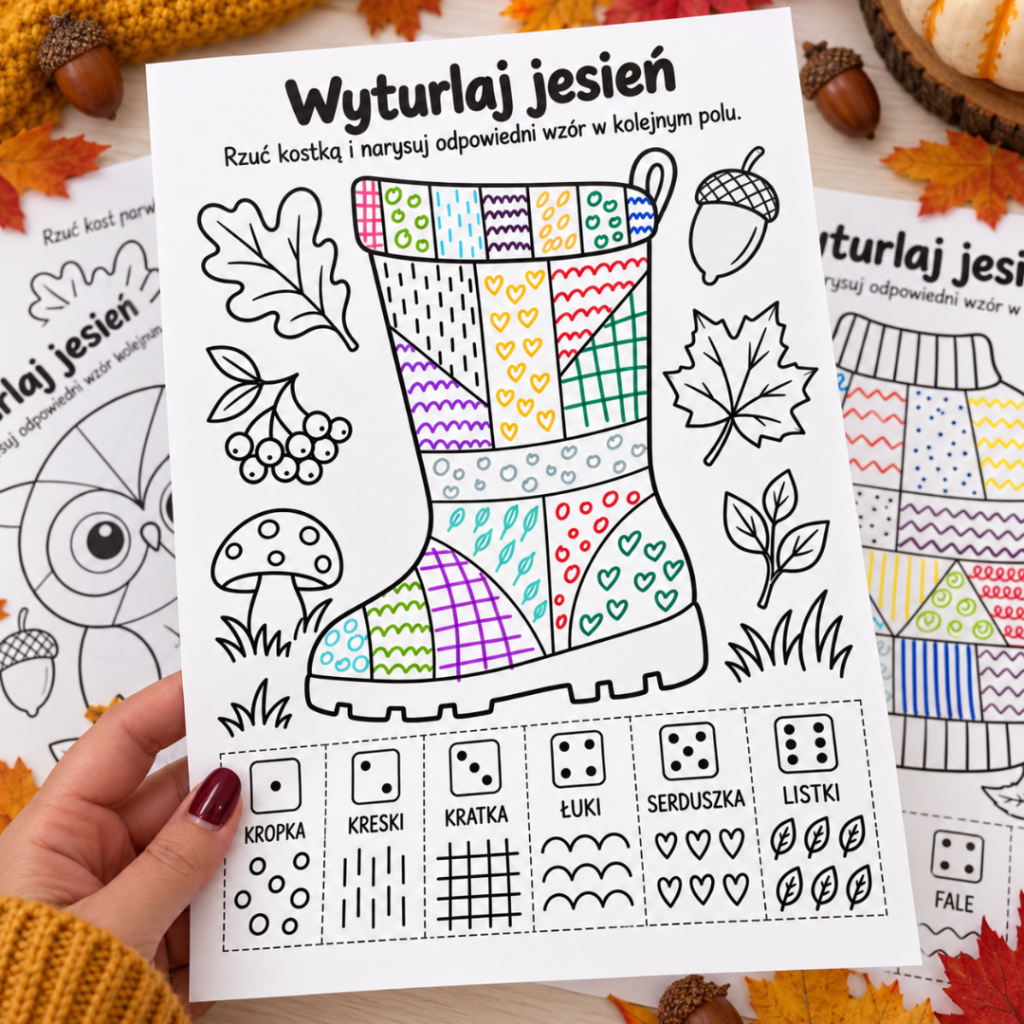 Wyturlaj jesień – karta pracy z kostką: kalosz do ozdabiania wzorami i legenda sześciu wzorów przypisanych do oczek kostki