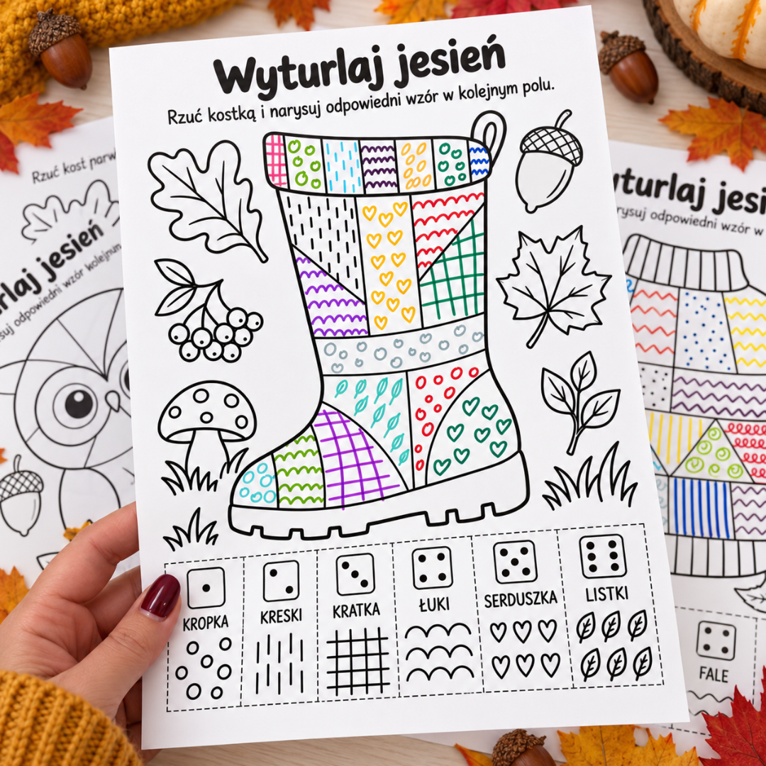 Wyturlaj jesień – zabawa z kostką i jesienne karty pracy krok po kroku