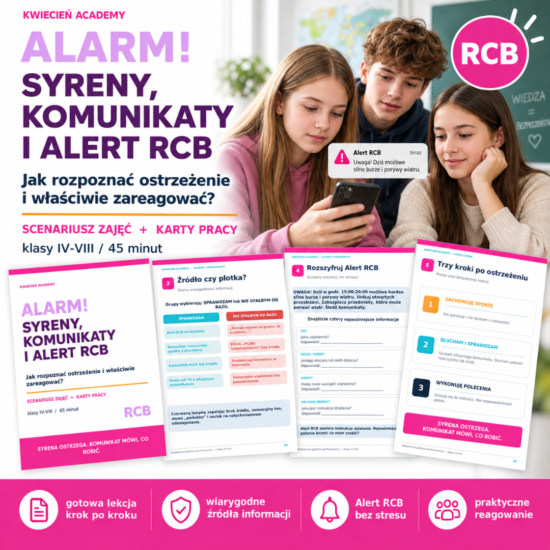 Alarm! Syreny, komunikaty i Alert RCB – materiał do druku PDF, Kwiecień Academy