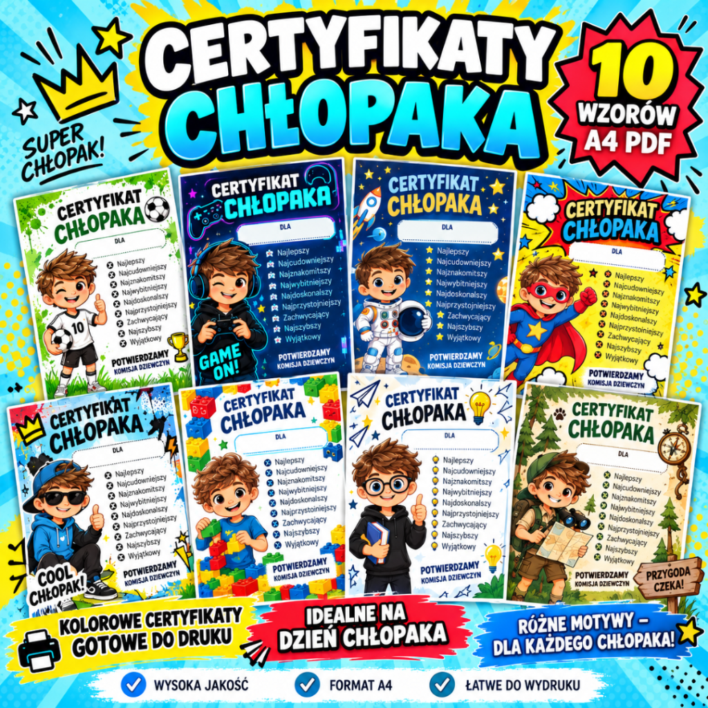 Certyfikaty na Dzień Chłopaka – 10 wzorów A4 PDF do druku – okładka