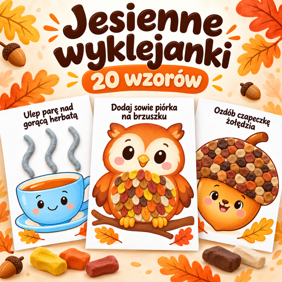 Jesienne wyklejanki do druku – karty z sówką, filiżanką herbaty i żołędziem do wyklejania plasteliną lub ciastoliną