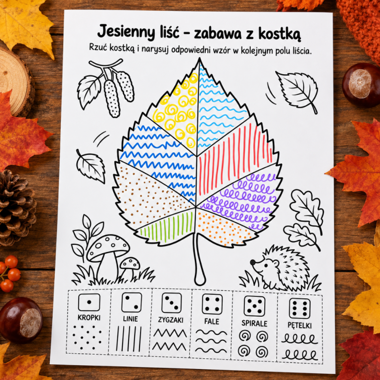 Jesienny liść – zabawa z kostką, 10 kart pracy do druku PDF, Kwiecień Academy