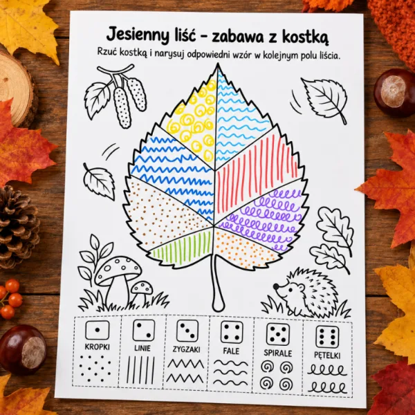 Jesienny liść – zabawa z kostką, 10 kart pracy do druku