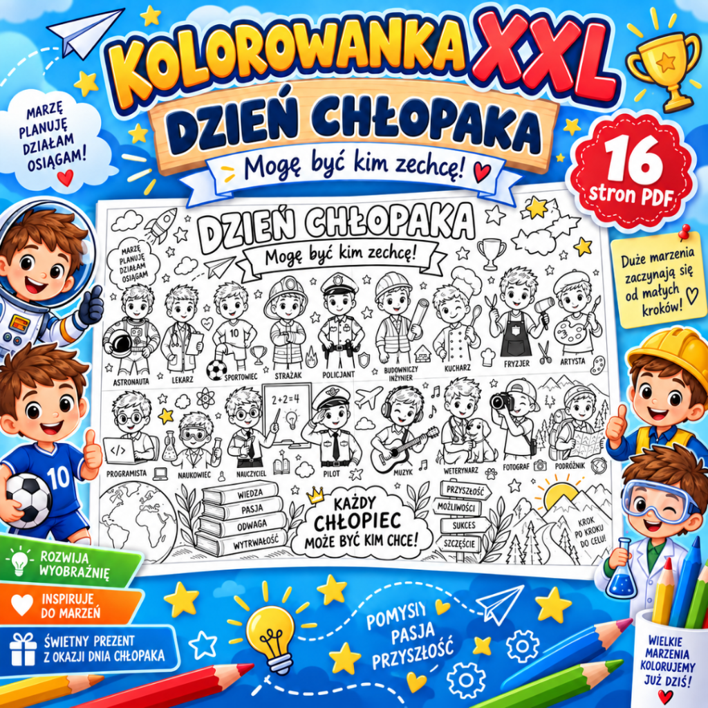 Kolorowanka XXL na Dzień Chłopaka „Kim zostanę w przyszłości?” – chłopcy w różnych zawodach, 16 stron A4 do połączenia