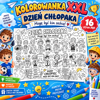 Kolorowanka XXL na Dzień Chłopaka „Kim zostanę w przyszłości?” – chłopcy w różnych zawodach, 16 stron A4 do połączenia
