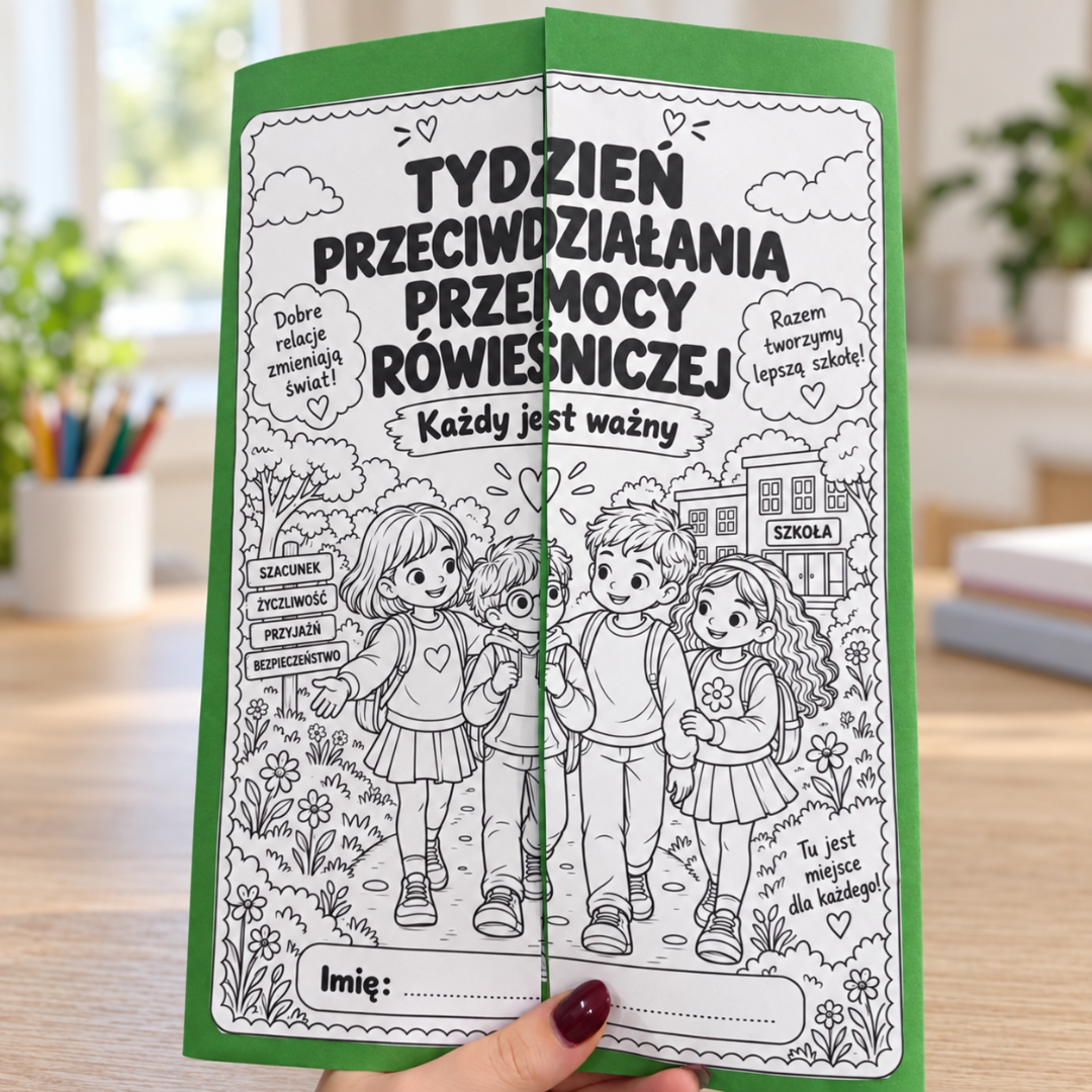 Okładka lapbooka „Tydzień Przeciwdziałania Przemocy Rówieśniczej – Każdy jest ważny” z miejscem na imię dziecka