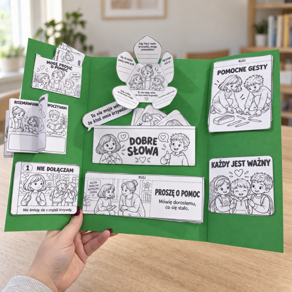 Gotowy lapbook na Tydzień Przeciwdziałania Przemocy Rówieśniczej dla klas 1–3 – rozłożona praca z klapkami, kieszonkami i kwiatkiem