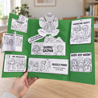 Gotowy lapbook na Tydzień Przeciwdziałania Przemocy Rówieśniczej dla klas 1–3 – rozłożona praca z klapkami, kieszonkami i kwiatkiem
