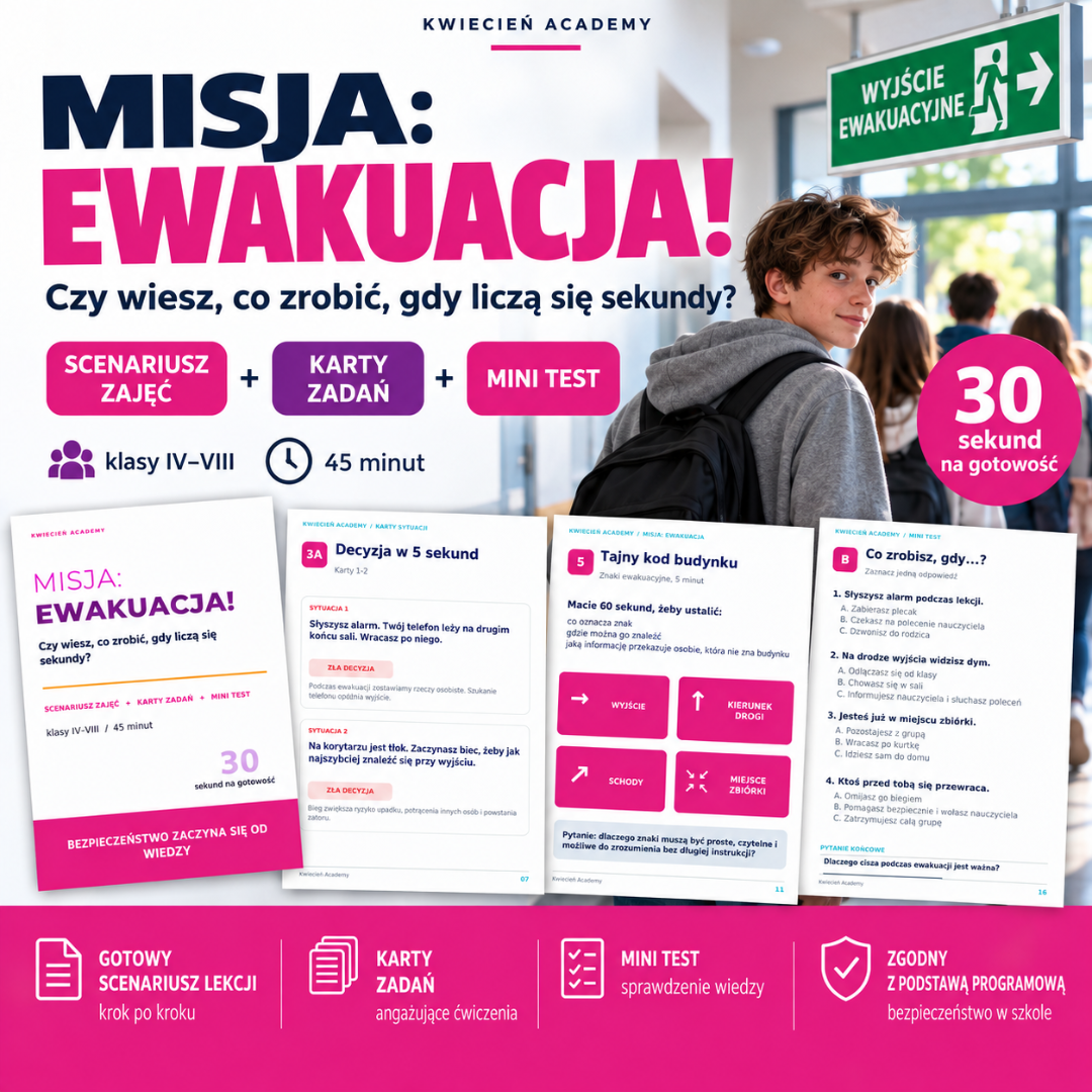 Misja: Ewakuacja! – scenariusz zajęć o bezpieczeństwie – materiał do druku PDF, Kwiecień Academy