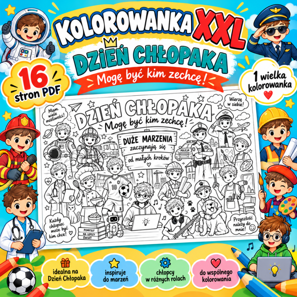 Kolorowanka XXL „Mogę być kim zechcę!” na Dzień Chłopaka – zawody i hasła o marzeniach, 16 stron PDF