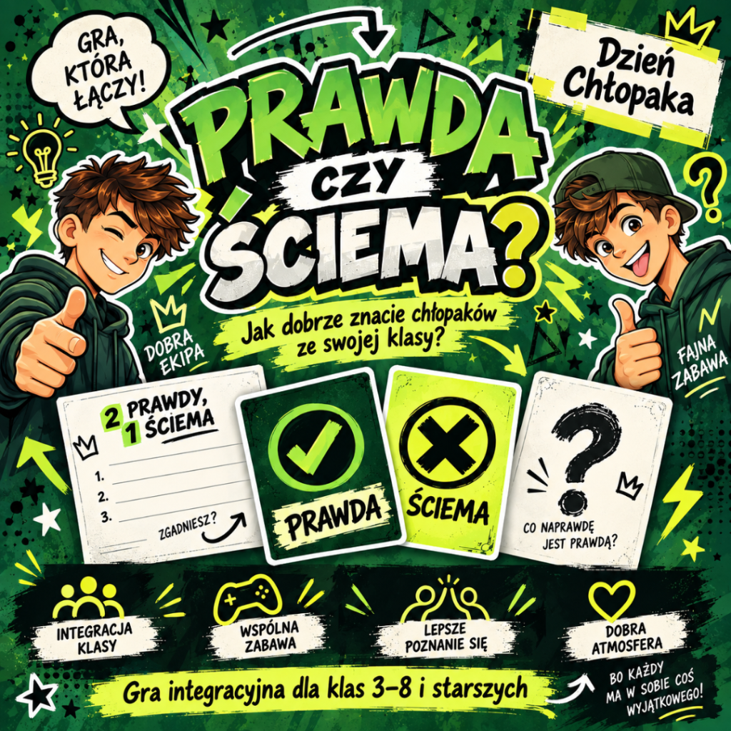 Prawda czy ściema? – gra integracyjna na Dzień Chłopaka PDF: karty 2 prawdy, 1 ściema i karty do głosowania