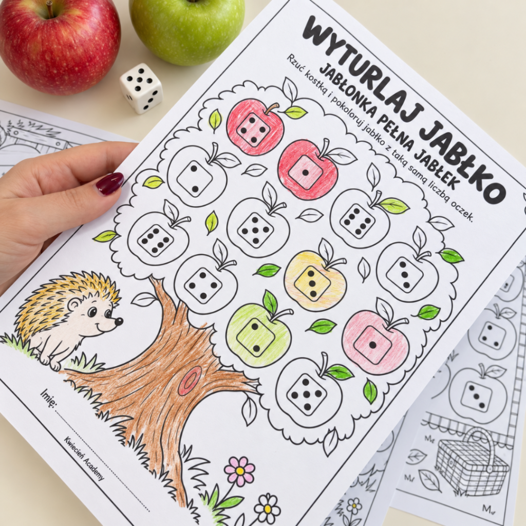 Wyturlaj jabłko – zabawa z kostką, karta pracy na Dzień Jabłka z jabłuszkami i oczkami kostki, PDF do druku