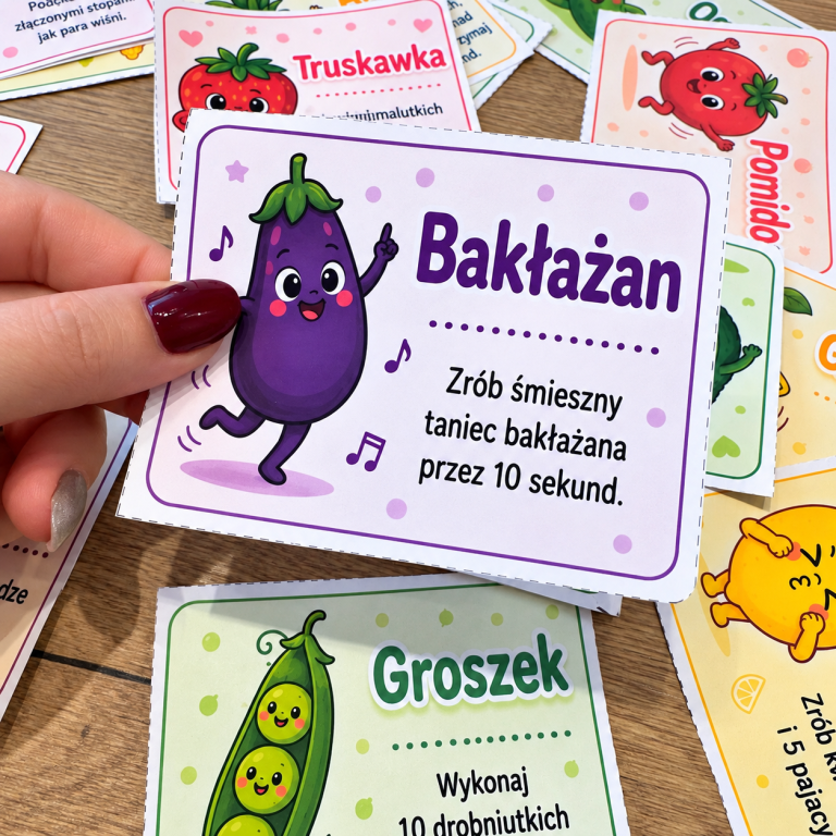 Warzywno-owocowa zabawa ruchowa – 30 kart z zadaniami – materiał do druku PDF, Kwiecień Academy