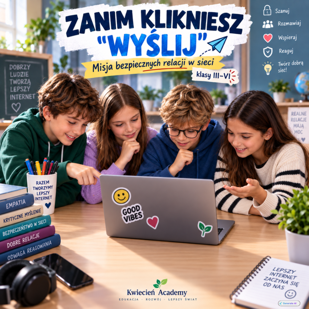 Zanim klikniesz WYŚLIJ – scenariusz zajęć o bezpiecznych relacjach w sieci dla klas III–VI, okładka materiału z uczniami przy laptopie