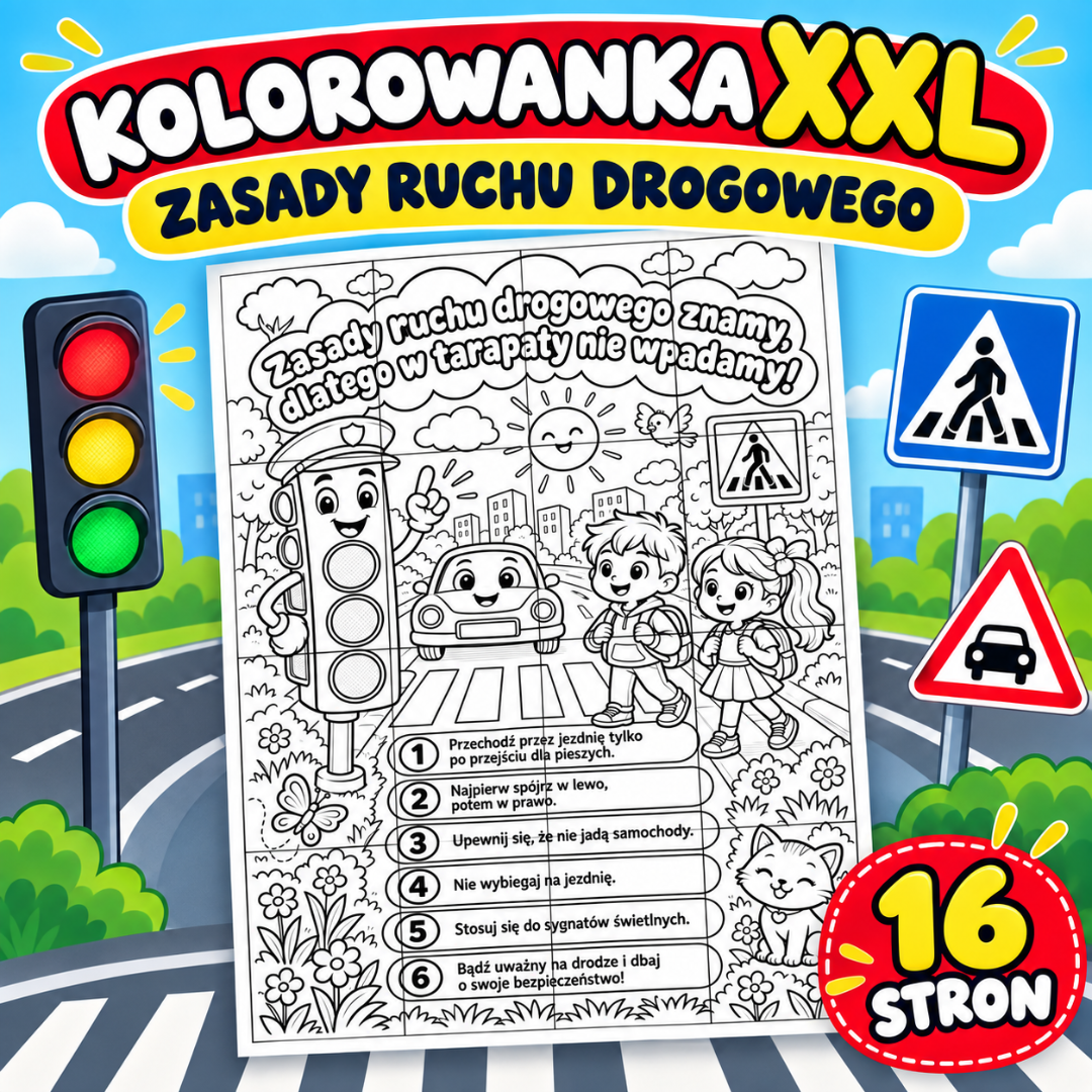 Kolorowanka XXL Zasady ruchu drogowego do druku – 16 stron A4, przejście dla pieszych, sygnalizator i sześć zasad bezpieczeństwa