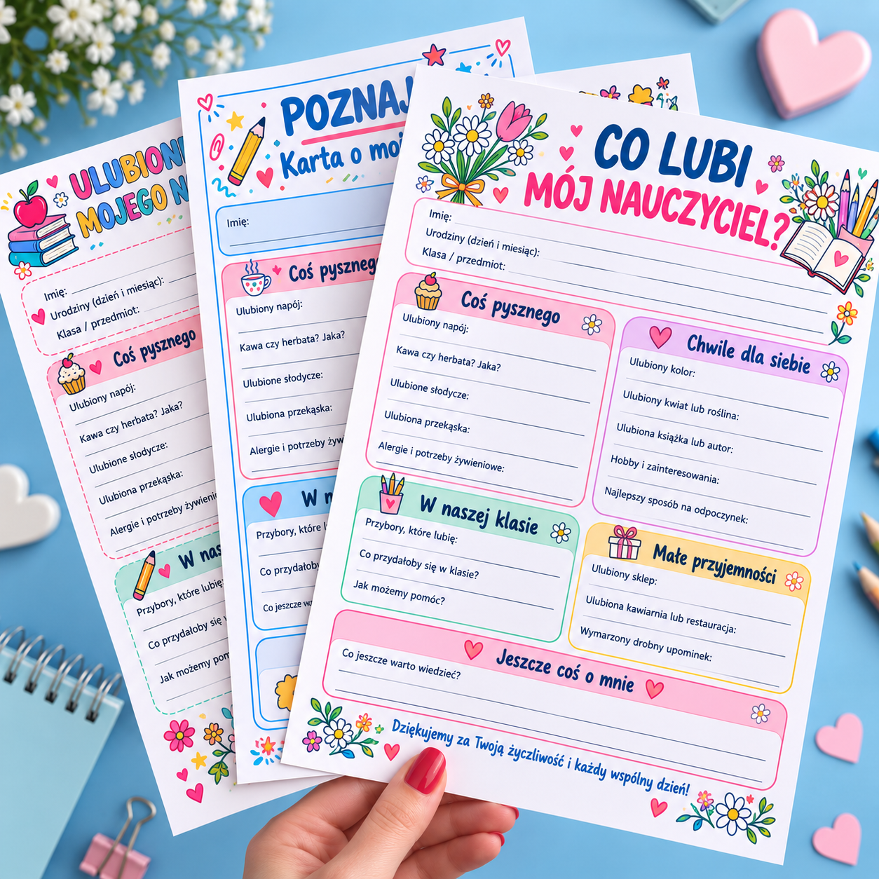 Poznajmy się! Ulubione rzeczy mojego nauczyciela – kolorowe karty A4 z pytaniami o nauczyciela na niebieskim tle