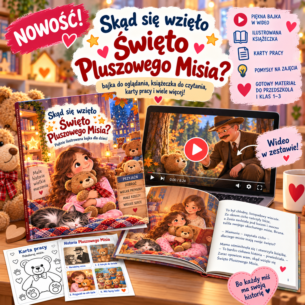 Zestaw „Poznajemy historię Pluszowego Misia” z bajką wideo – laptop z filmem, ilustrowana książeczka, scenariusz i karty pracy z misiem na Dzień Pluszowego Misia