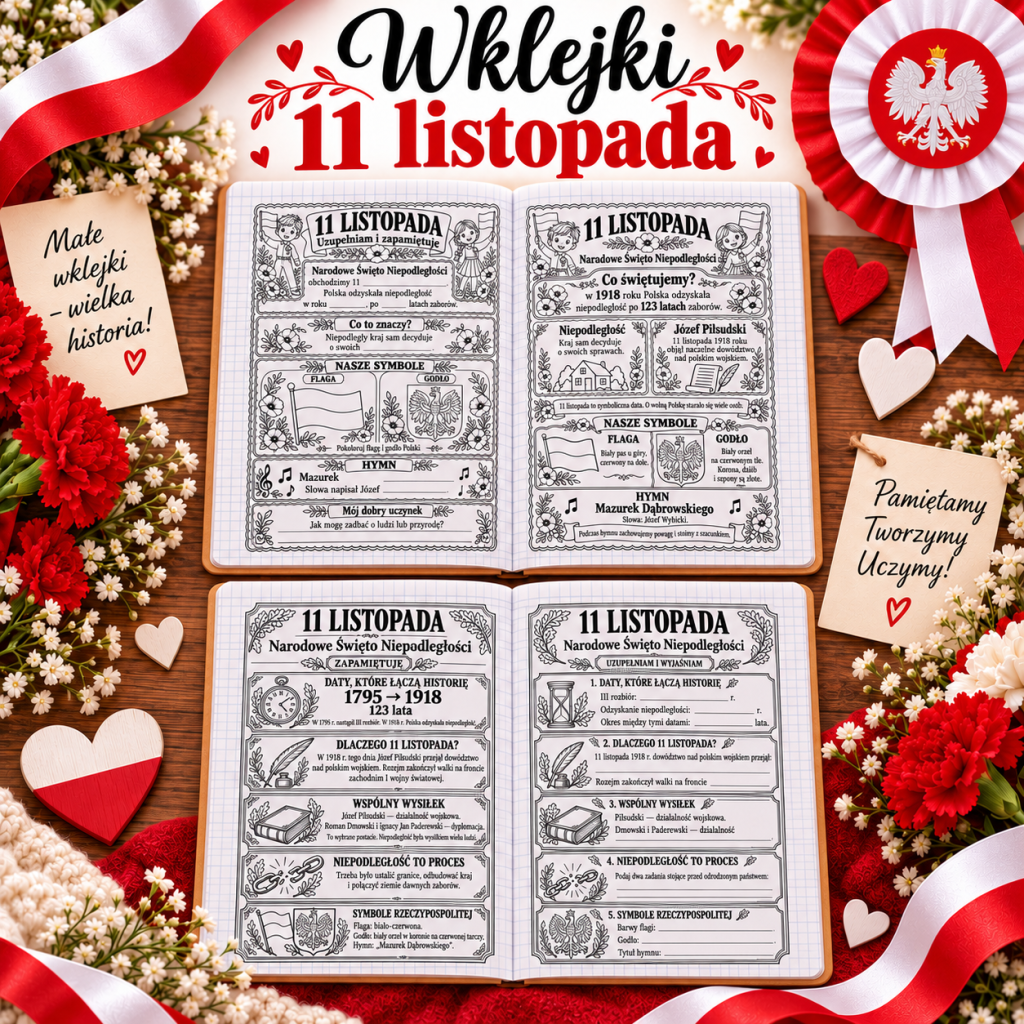 Wklejki na 11 listopada – Święto Niepodległości dla klas 1–3 i 4–8
