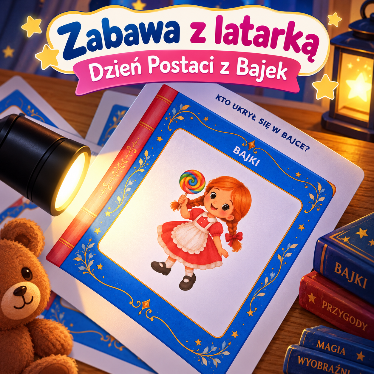 Zagadki o postaciach z bajek dla dzieci – 12 gotowych zagadek i zabawa z latarką na Dzień Postaci z Bajek