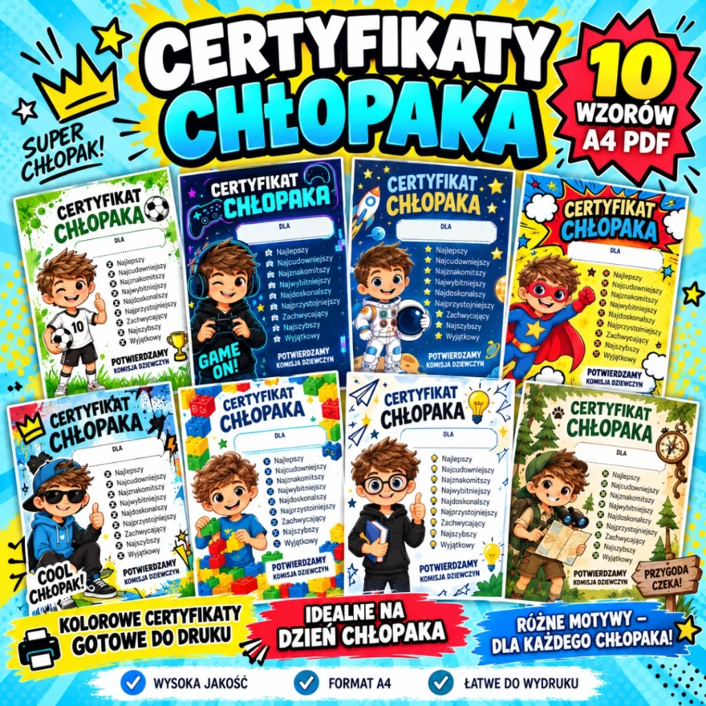 Certyfikaty na Dzień Chłopaka – 10 wzorów A4 PDF do druku – okładka