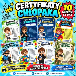 Certyfikaty na Dzień Chłopaka – 10 wzorów A4 PDF do druku – okładka