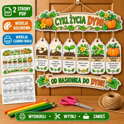 Cykl życia dyni – od nasionka do dyni – dekoracja edukacyjna do druku: nagłówek, 6 zawieszek z etapami rozwoju dyni i baner, wersja kolorowa i czarno-biała na drewnianym tle