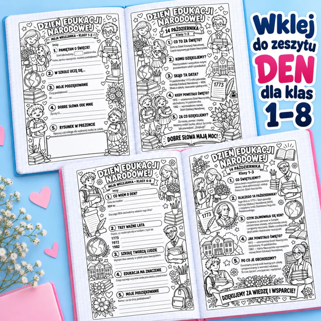 Dzień Edukacji Narodowej – wklejanki do zeszytu dla klas 1–8 | A4 i A5