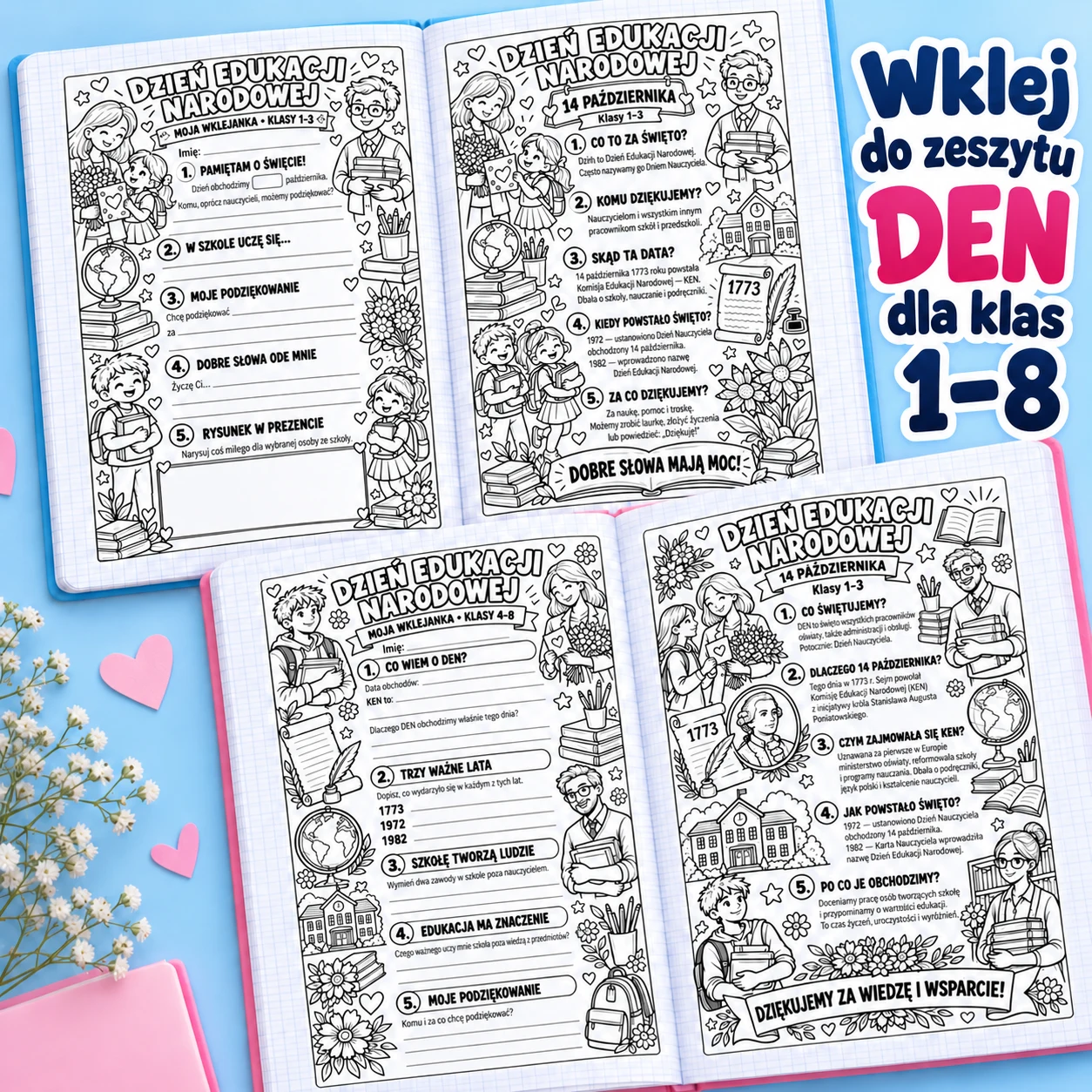 Dzień Edukacji Narodowej – wklejanki do zeszytu dla klas 1–8 | A4 i A5