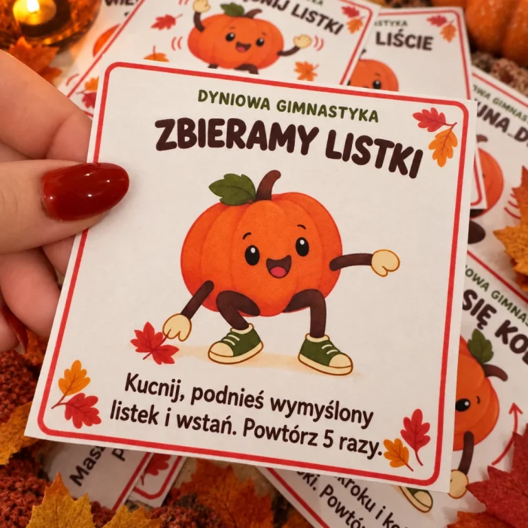 Dyniowa Gimnastyka – 30 kolorowych kart ruchowych z wesołą dynią do druku, karta „Zbieramy listki” trzymana w dłoni