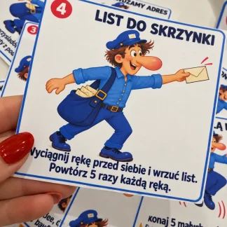 Gimnastyka listonosza – 30 kolorowych kart ruchowych z listonoszem do druku, karta „Wyciągnij rękę przed siebie i wrzuć list” trzymana w dłoni