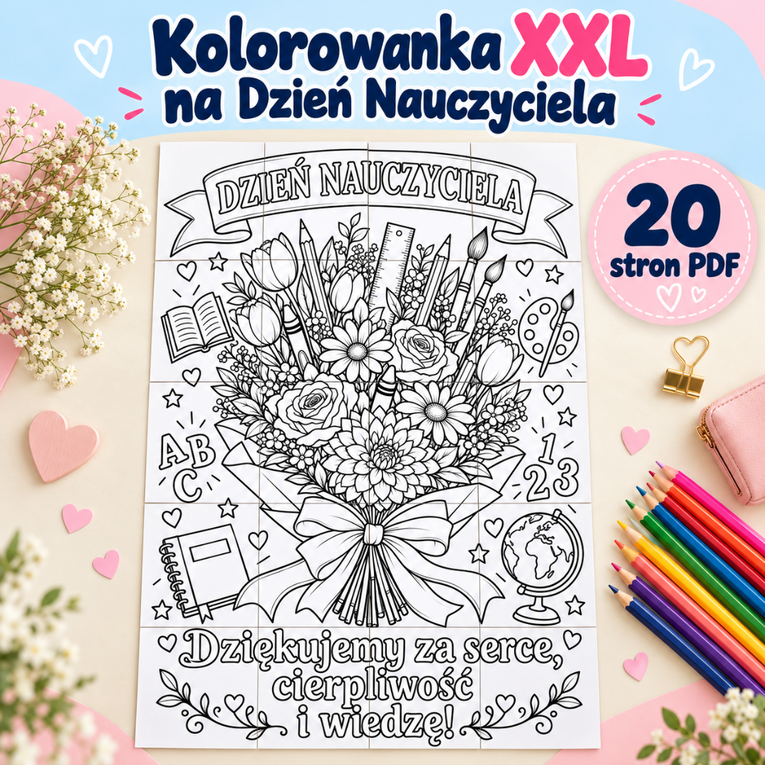 Bukiet wdzięczności – kolorowanka XXL na Dzień Nauczyciela, 20 stron PDF: czarno-biały bukiet kwiatów z przyborami szkolnymi i napisem Dziękujemy za serce, cierpliwość i wiedzę