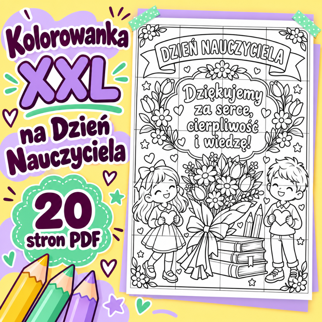 Kolorowanka XXL na Dzień Nauczyciela „Dziękujemy!” – 20 stron PDF, czarno-biała ilustracja z dziećmi, bukietem i napisem Dziękujemy za serce, cierpliwość i wiedzę