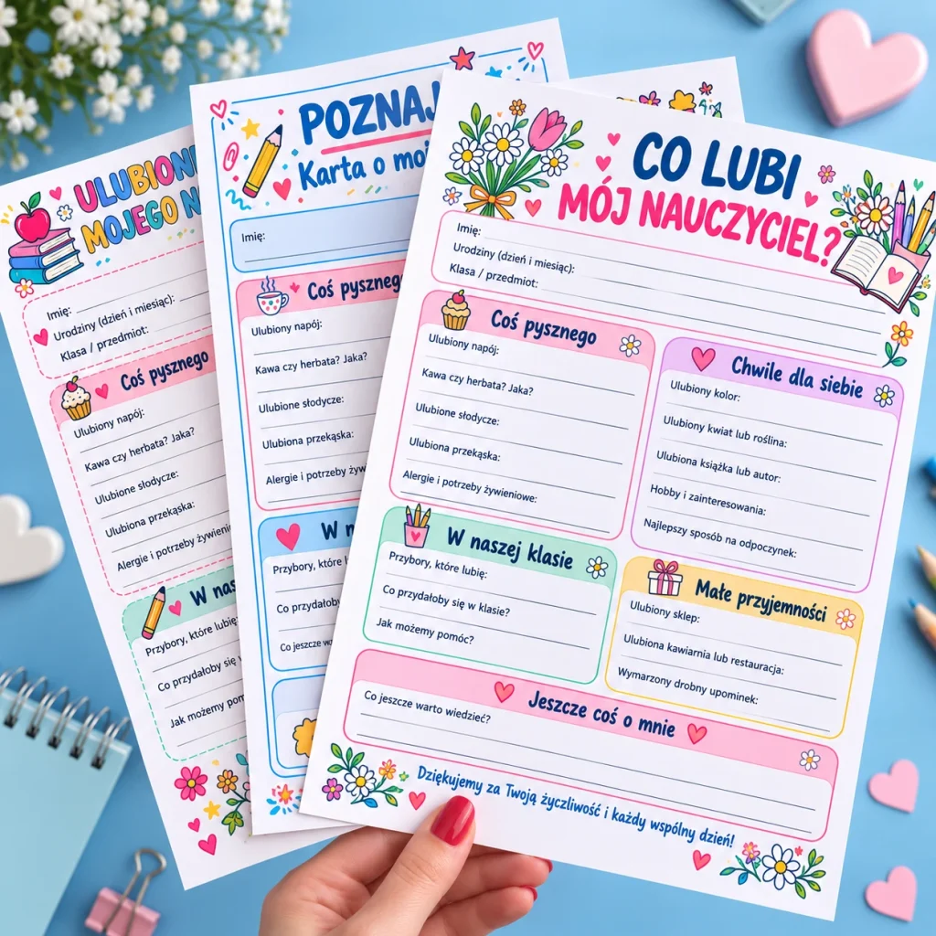 Poznajmy się! Ulubione rzeczy mojego nauczyciela – kolorowe karty A4 z pytaniami o nauczyciela na niebieskim tle