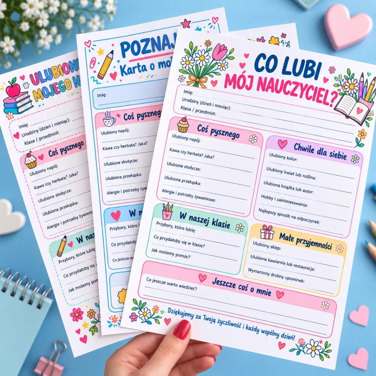 Poznajmy się! Ulubione rzeczy mojego nauczyciela – kolorowe karty A4 z pytaniami o nauczyciela na niebieskim tle