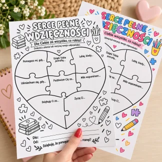 Serce pełne wdzięczności – karta A4 z sercem z ośmiu puzzlowych pól i początkami zdań do uzupełnienia przez dziecko, wersja kolorowa i czarno-biała, prezent dla nauczyciela