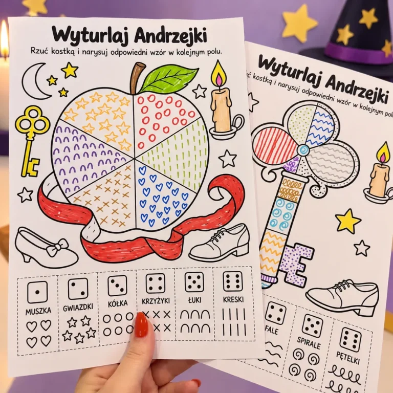 Wyturlaj Andrzejki – 13 czarno-białych kart pracy z kostką do gry, karty z andrzejkowym jabłkiem i kluczem oraz legendą wzorów trzymane w dłoni