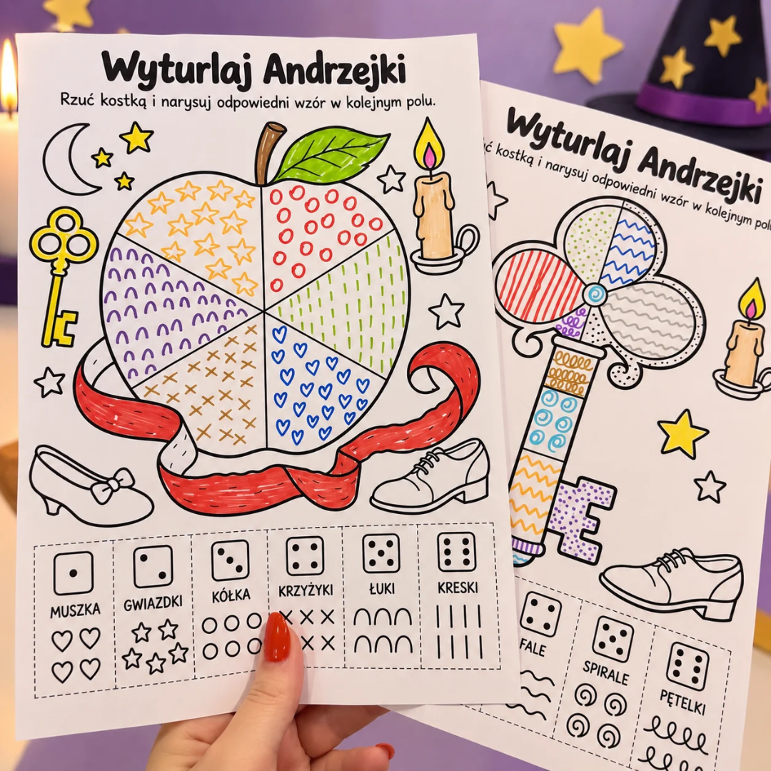 Wyturlaj Andrzejki – 13 czarno-białych kart pracy z kostką do gry, karty z andrzejkowym jabłkiem i kluczem oraz legendą wzorów trzymane w dłoni